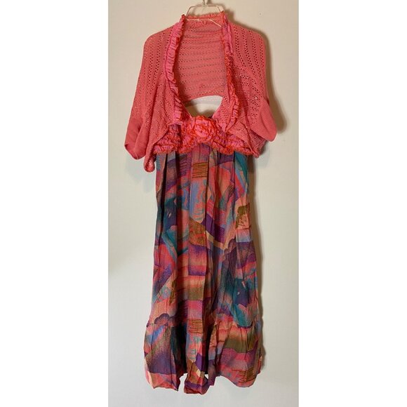 2 pc Colorful Boho Ruffled Dress Pink Textured Bodice & Crochet Shrug Small - Picture 1 of 15